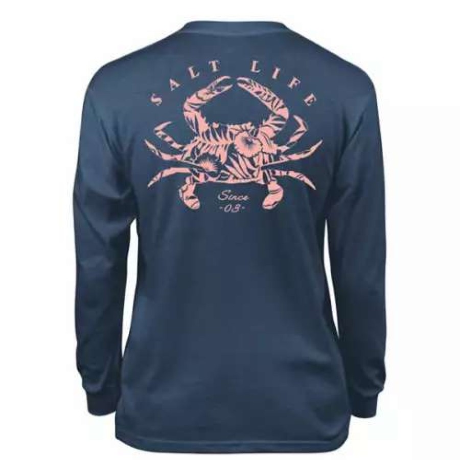 Shirts * | Girls' Salt Life Crab Tropics Long Sleeve T-Shirt Washed Navy