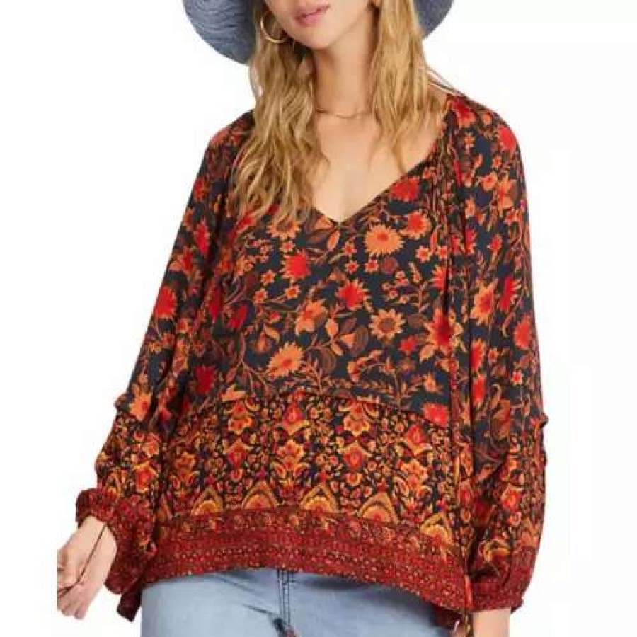 Shirts * | Women'S Billabong Peace And Love Long Sleeve Blouse Black Multi