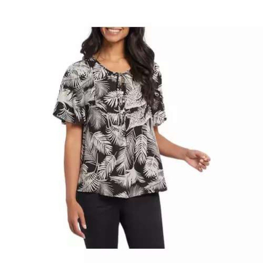 Shirts * | Women'S Tribal Flutter Sleeve Blouse Black