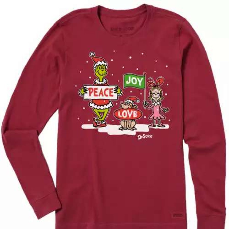 Shirts * | Women'S Life Is Good Grinch Peace Love Joy Long Sleeve T-Shirt Cranberry