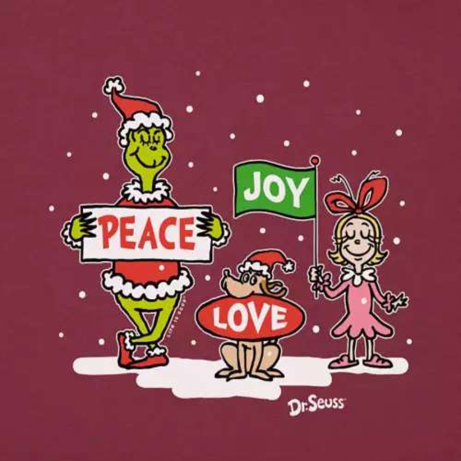 Shirts * | Women'S Life Is Good Grinch Peace Love Joy Long Sleeve T-Shirt Cranberry