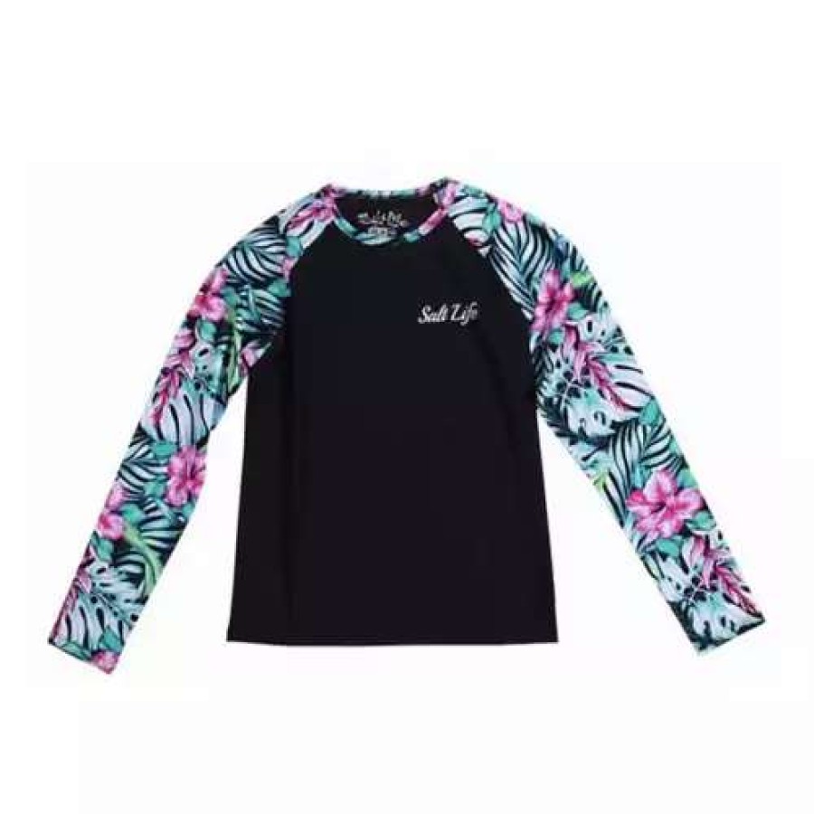 Shirts * | Girls' Salt Life Blue Hawaiian Long Sleeve Shirt Black