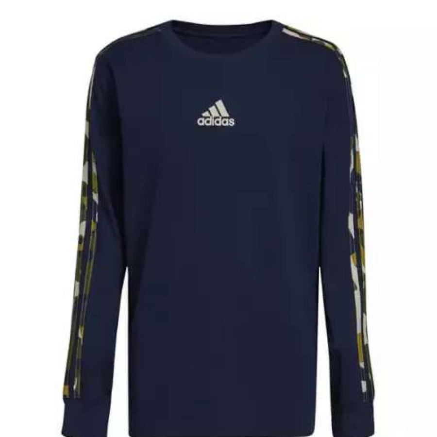 Shirts * | Boys' Adidas Camo Core Stripe Long Sleeve T-Shirt Navy