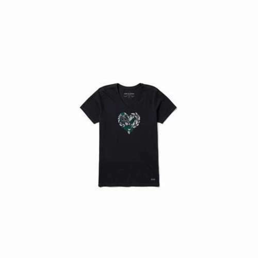 Shirts * | Women'S Life Is Good Leafy Heart Crusher-Lite V-Neck T-Shirt Jet Black