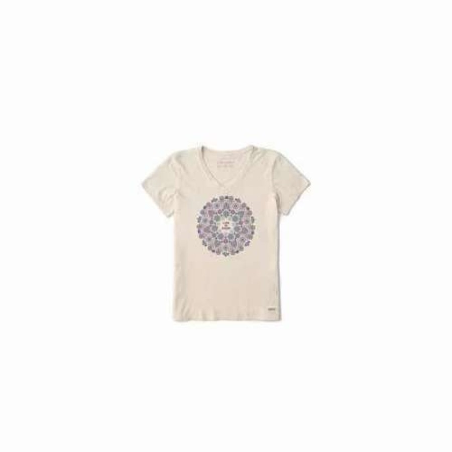 Shirts * | Women'S Life Is Good Wildflower Primal Mandala Crusher V-Neck T-Shirt Putty White