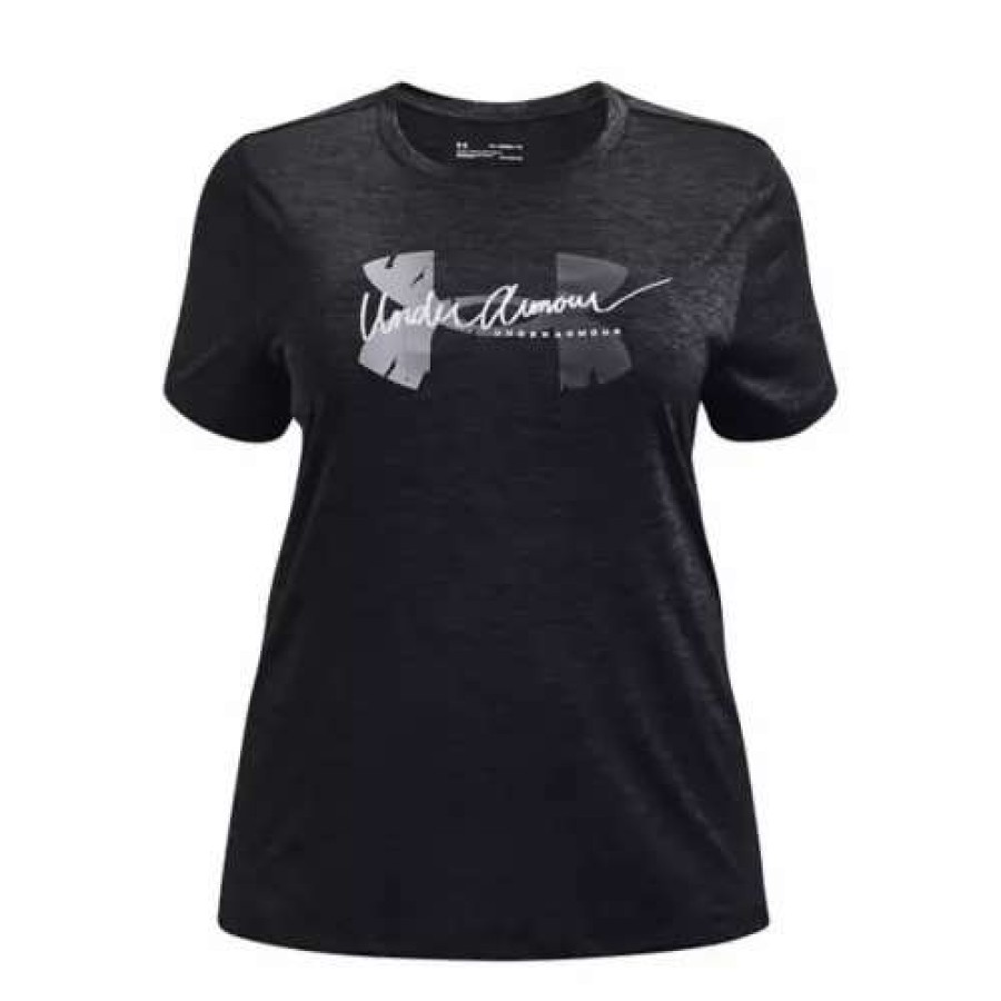 Shirts * | Women'S Under Armour Plus Tech Twist Script Logo Short Sleeve Shirt Black / / White