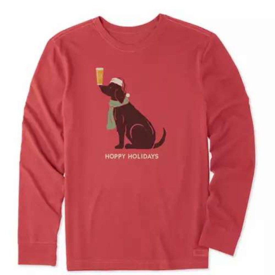 Shirts * | Men'S Life Is Good Hoppy Holidays Man'S Best Friend Long Sleeve Crusher T-Shirt Red