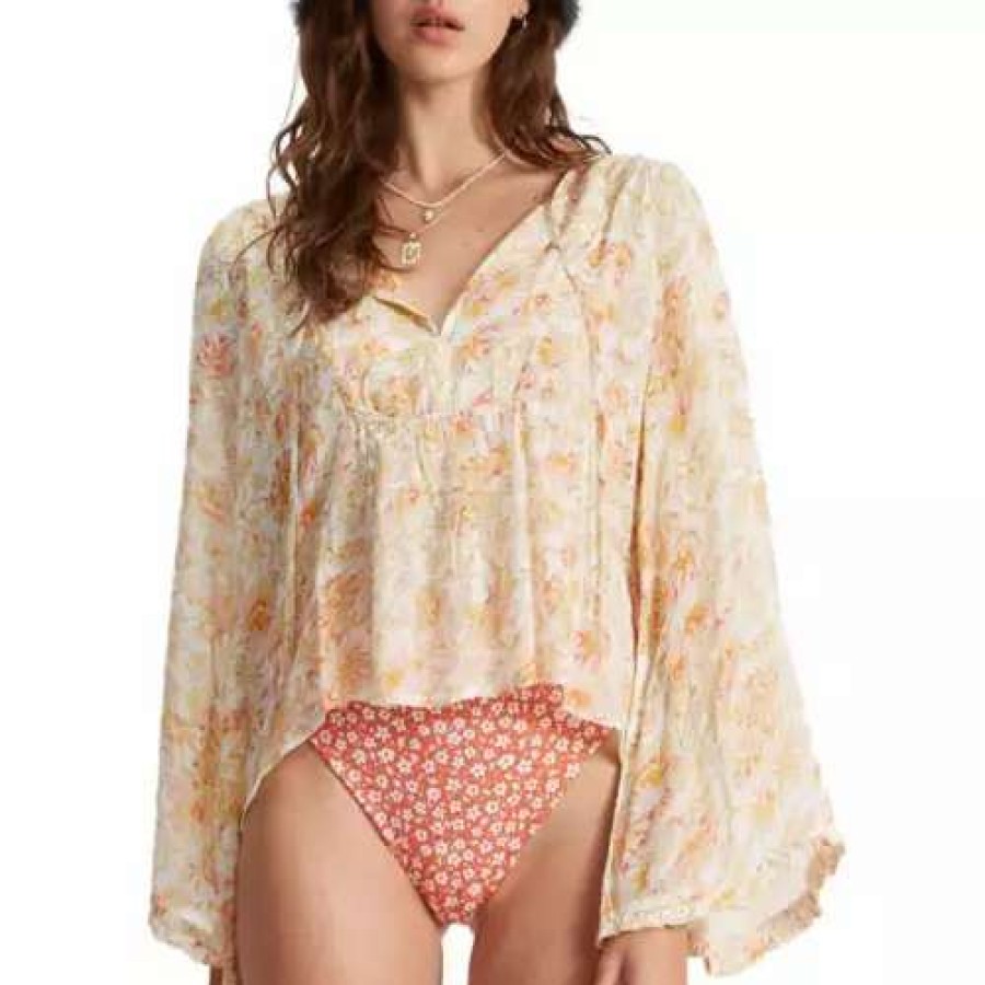 Shirts * | Women'S Billabong Hippie Days Bell Sleeve Top White/Multi