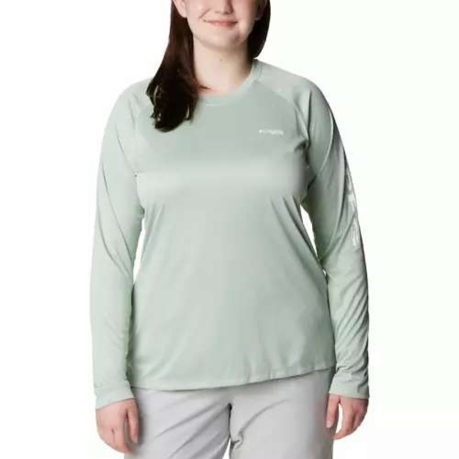 Shirts * | Women'S Columbia Plus Size Pfg Tidal Heather Long Sleeve Shirt Cool Green/White