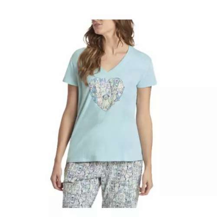 Shirts * | Women'S Life Is Good Heart Of Dogs Snuggle Up Relaxed Sleep V-Neck T-Shirt Beach Blue