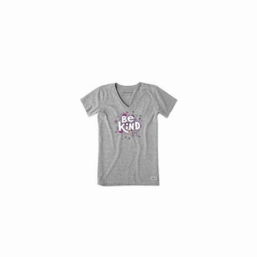 Shirts * | Women'S Life Is Good Be Kind Flower Lines Crusher-Lite V-Neck T-Shirt Heather Grey