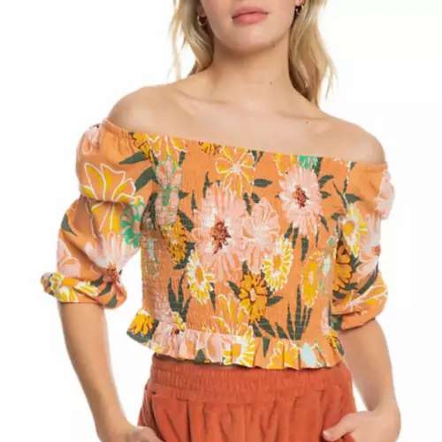 Shirts * | Women'S Roxy Like The Sun Again Woven Off The Shoulder Top Toasted Nut Bloom Boogie