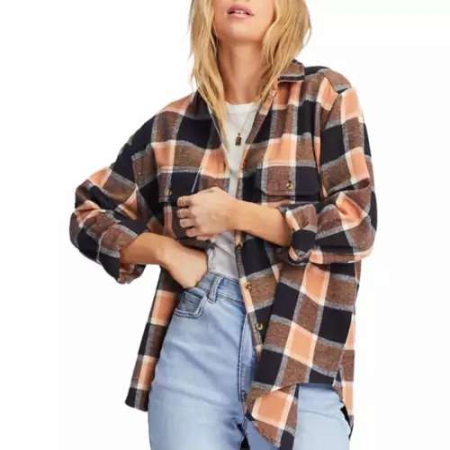 Shirts * | Women'S Billabong So Stoked Oversized Button Down Flannel Shirt Tan