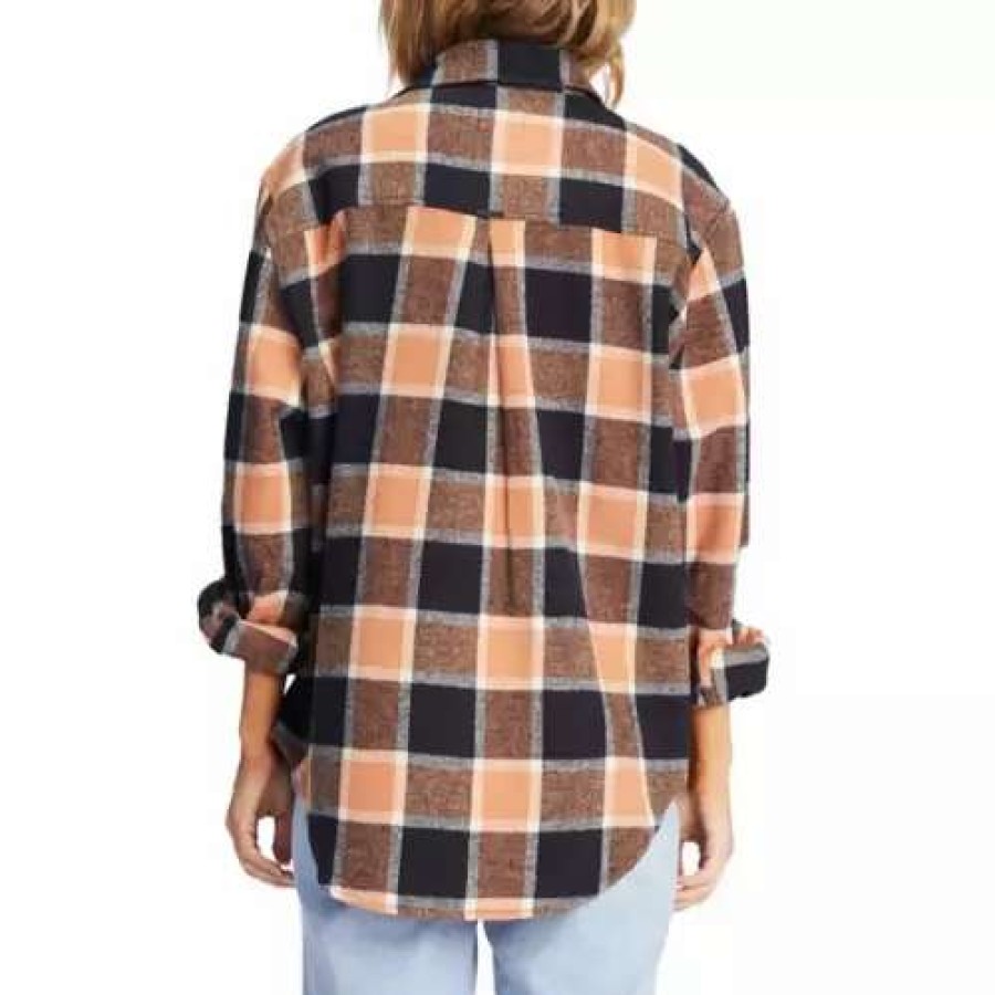 Shirts * | Women'S Billabong So Stoked Oversized Button Down Flannel Shirt Tan