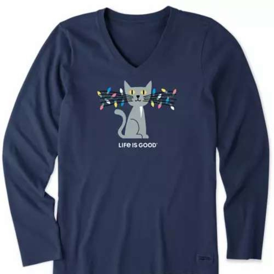 Shirts * | Women'S Life Is Good Lit Up Cat T-Shirt Dark Blue