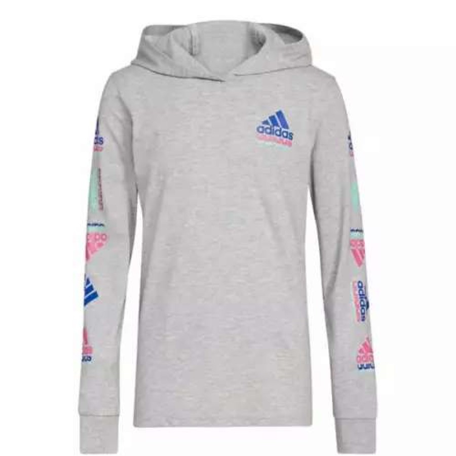 Shirts * | Boys' Adidas Echo Brand Love Long Sleeve Hooded T-Shirt Grey Heather