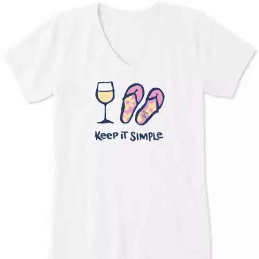 Shirts * | Womens Life Is Good Keep It Simple Wine And Flips V-Neck T-Shirt Cloud White