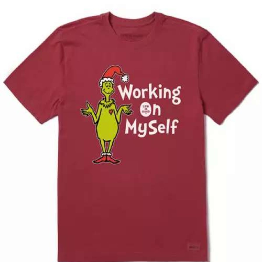 Shirts * | Men'S Life Is Good Grinch Working On Myself Crusher T-Shirt Red Cranberry