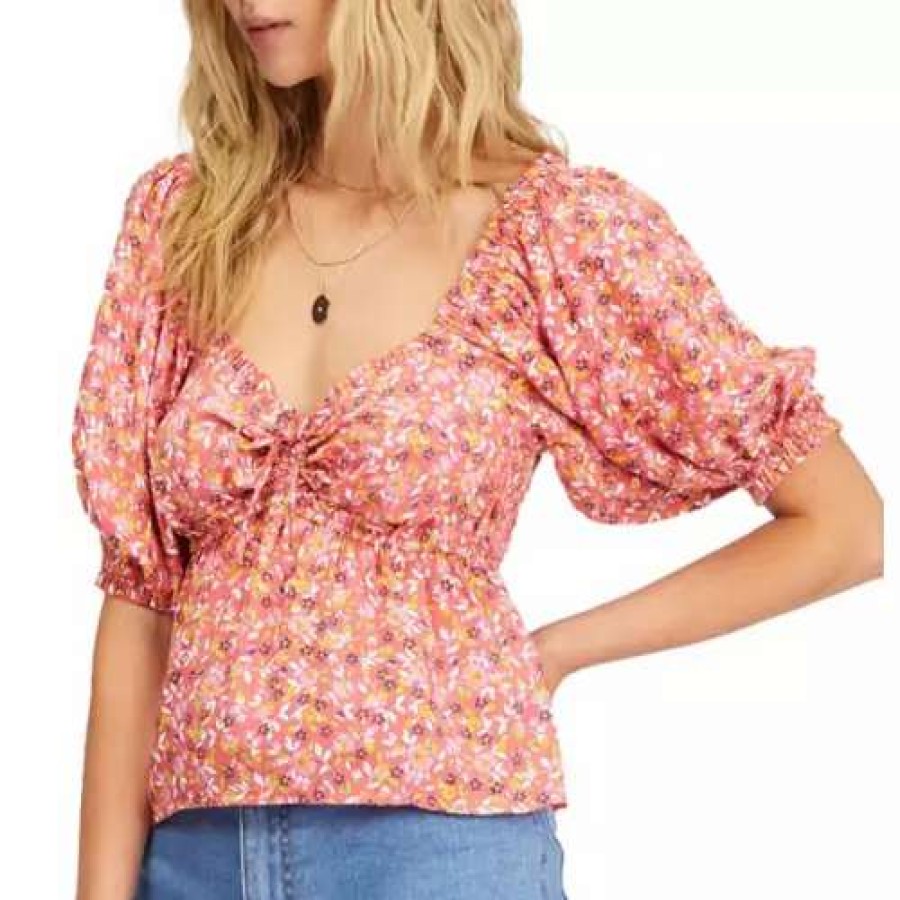 Shirts * | Women'S Billabong Beachy Babe Puff Sleeve Crop Top Vintage Coral